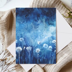 Blue Floral Dandelions Grußkarte 10er Pack, Sternennacht Blumen Postkarte, leere Rückseite, weiße Umschläge inklusive