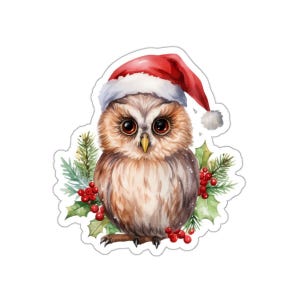 Sticker hibou de Noël, bonnet de noel, cadeau des fêtes, style aquarelle, sticker animaux mignons, stickers uniques
