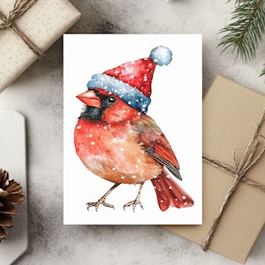 Niedliche Kardinalvogelkarten 10er-Pack, Aquarell-Weihnachtspostkarten, roter Weihnachtsvogel mit Weihnachtsmannmütze, umweltfreundliche festliche Grußkarten