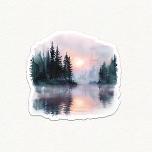 Watercolor Sunset Lake Scene Sticker, Serene Forest Reflection Decal, Nature-Themed Vinyl Sticker, Laptop or Water Bottle Decor