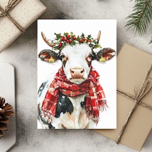 Biglietti di auguri di Natale con mucca, confezione da 10, cartoline di animali da fattoria per le feste, biglietti d'arte acquerellati festivi, set di 10 buste incluse, regalo per contadini