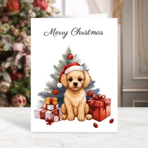 Cute Golden Retriever Puppy Christmas Card Set, Pack of 10 Holiday Greeting Cards, Adorable Dog with Gifts, Christmas Cards with Envelopes