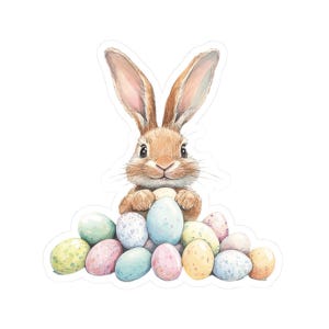 Cute Bunny Easter Sticker, Pastel Easter Eggs Vinyl Decal, Waterproof and Glossy Rabbit Sticker, Perfect for Laptops or Bottles