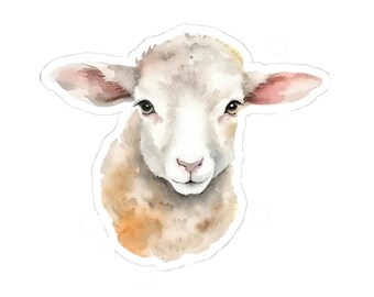 May include: A watercolour illustration of a lamb's head. The lamb has white fur, with touches of tan and pink around the ears. The lamb is looking directly at the viewer with dark eyes and a gentle expression. The background is white.