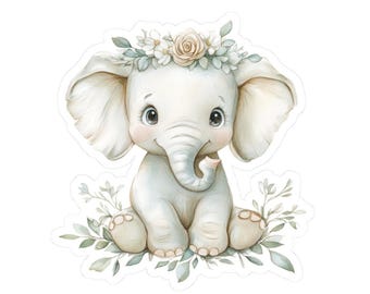 Niedliche Elefant Aufkleber, Blumenkrone Aufkleber, Baby Tier Aufkleber, Aquarell Kunst, Geschenk für sie, Laptop Aufkleber, Wasserflasche Aufkleber