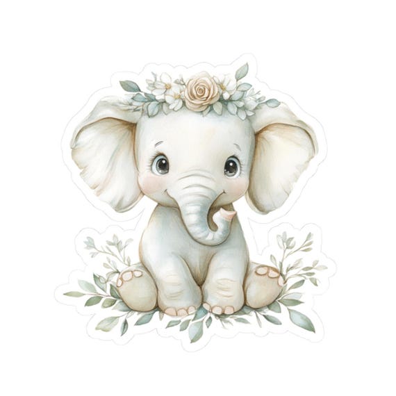 Cute Elephant Stickers, Floral Crown Stickers, Baby Animal Stickers,  Watercolor Art, Gift for Her, Laptop Decal, Water Bottle Sticker