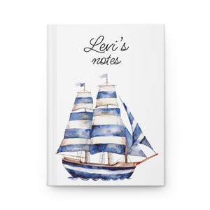 Carnet cartonné personnalisé aquarelle bateau avec nom, carnet personnalisé avec doublure, journal d'écriture haut de gamme, joli cadeau de papeterie de bateau