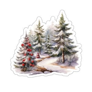 Pegatina de camino nevado con árboles, paisaje invernal, vinilo para portátil, botella de agua, coche, decoración navideña y festiva.