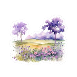 Pegatinas de prados de acuarela, pegatinas de flores moradas, regalo para ella, pegatinas de paisajes, pegatinas bonitas, pegatinas para portátil, calcomanías impermeables
