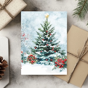 Biglietti di auguri con albero di Natale ad acquerello, confezione da 10 biglietti di Natale, auguri di buone feste, set di biglietti con albero di Natale innevato, set di biglietti festivi