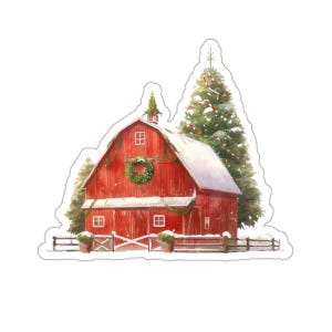 Rustieke sticker winterschuur, milieuvriendelijk vinyl, waterdichte glanzende afwerking, perfect voor laptops, tijdschriften, cadeaus, kerst
