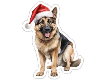 ジャーマンシェパードのクリスマスステッカー、お祝いの犬のビニールデカール、ノートパソコン、ウォーターボトル、車のバンパー用防水、かわいいサンタの子犬のデザイン