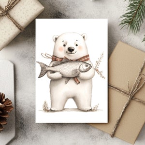 Cartões de Natal fofos de urso polar, pacote com 10, pacote de cartões de felicitações para o feriado, urso com ilustração de peixe, cartões postais ecológicos