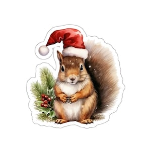 Sticker écureuil de Noël, bonnet de noel, sticker festif, stickers hiver, écureuil mignon, cadeau pour enfant, cadeau pour amoureux des animaux, stickers pour ordinateur portable