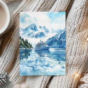 Paquete de 10 tarjetas de felicitación de crucero de montaña, postales de arte de acuarela para amantes de los viajes, juego de tarjetas de arte de paisaje del lago Alaska