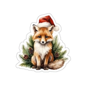 Sticker renard de Noël, sticker vacances d'hiver, sticker animal mignon, art aquarelle renard, cadeau pour amoureux des animaux, sticker festif