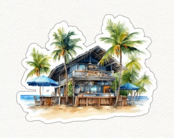 Beach Vacation Sticker, Vacation House Vinyl Sticker, Tropical Watercolor Decal, Summer Beach Cottage Sticker, Waterproof Sticker