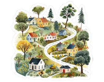 Cottagecore Village Sticker, Whimsical Landscape Sticker, Cute House Sticker, Fairy Tale Scene, Nature Lover Gift, Vinyl Waterproof