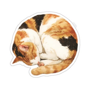 Sleeping Cat Sticker, Watercolor Calico Kitten Art, Vinyl Decal for Laptop Water Bottle Journal, Cute Pet Lover Gift, Cozy Aesthetic