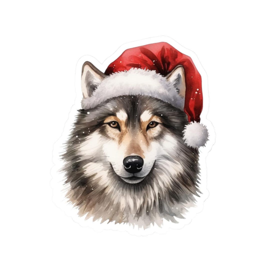 Cute Wolf With Santa Hat Sticker, Christmas Animal Decal, Festive ...