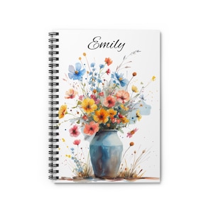 Floral Personalized Notebook, Watercolor Flower Journal, Gift for Her, Botanical Spiral Notebook, Custom Name Journal