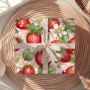 Strawberry Wrapping Paper, Cute Gift Wrap, Watercolor Fruit Paper, Summer Gift, Birthday Present, Her, Foodie Gift, Berry Paper