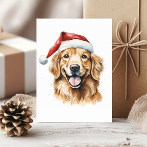 Pacote de 10 cartões de Natal Golden Retriever, papel ecológico, aquarela, arte, cartões de Natal para cachorros com envelopes, Papai Noel Golden Retriever