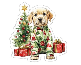 Christmas Puppy Labrador Vinyl Sticker, Holiday Pajamas, Xmas Tree