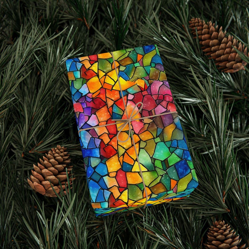 Vibrant Mosaic Wrapping Paper, Colorful Gift Wrap, Artistic Present Wrap, Stained Glass Design, Unique Gift Wrap for Any Occasion image 3