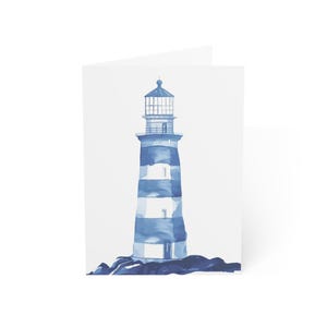 Cartões de felicitações Blue Lighthouse, pacote com 10 ou cartão dobrado individualmente com envelope, em branco por dentro, conjunto de papelaria para presente com cartão postal de aquarela e oceano