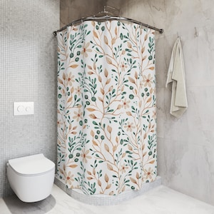 Boho Floral Shower Curtain, Botanical Print Bathroom Decor, Bohemian Nature Inspired Shower Curtain, Earthy Leaves Bathroom Curtain