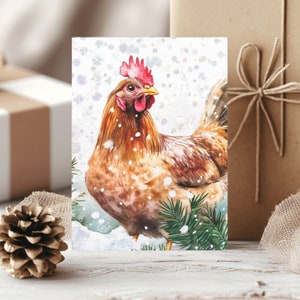 Lot de 10 cartes de vœux de Noël, aquarelle de poulet, art, cartes postales écologiques Enveloppes blanches incluses Cadeau parfait