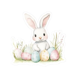 Easter Bunny Sticker, Cute Rabbit with Colorful Eggs Decal, Garden Easter Stickers, Springtime Decor, Animal Art Vinyl Decal