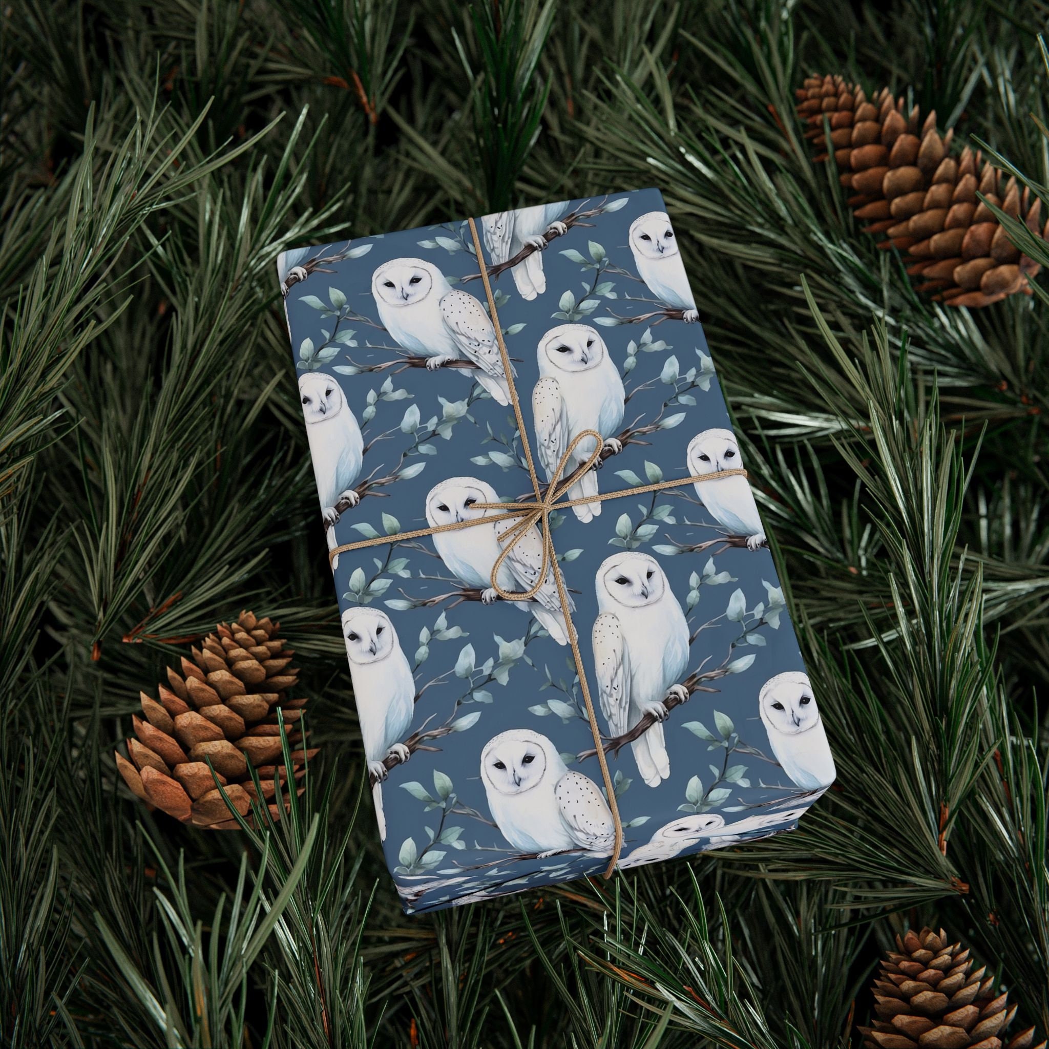 Snowy Owl Wrapping Paper, White Owls Winter Gift Wrap, Blue and White Birds, Winter Holiday Gift Wra