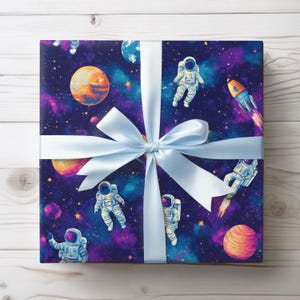 Space Theme Wrapping Paper, Astronaut and Rocket Gift Wrap, Outer Space Galaxy Wrapping Paper, Kids Birthday Holiday Gift Wrap
