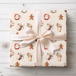 Christmas Coffee Wrapping Paper, Cute Gingerbread Gift Wrap for Holiday & Christmas Presents Packaging, Glossy/Matte 90gsm Roll 3 Sizes