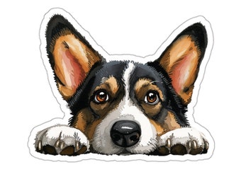 Tri Color Cardigan Corgi Sticker, Peeking Dog Waterproof Vinyl Sticker For Laptop Water Bottle Phone Wall Car Window Decal Welsh Corgi Gift
