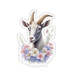 Goat with Flowers Sticker, Waterproof Vinyl Decal, Floral Goat Lover Gift, Cute Animal Stickers for Laptop, Water Bottle, Phone
