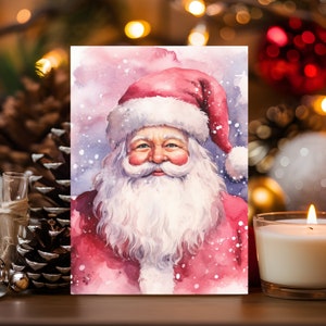 Cartões de Natal em aquarela de Papai Noel, pacote com 10, ecológicos, cartões de felicitações de Natal, cartões postais rosa de Papai Noel, 3 tamanhos disponíveis