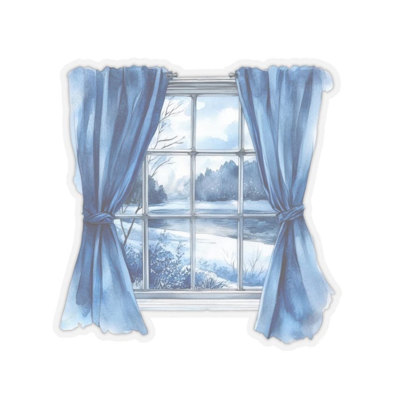 Window Curtains Sticker Winter Window Scene Sticker, Blue Curtains Decal, Waterproof Vinyl ...