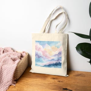 Watercolor Mountain Tote Bag, Pastel Cloudscape Bag, Aesthetic Nature Lover Gift, Scenic Travel Bag, Canvas Tote Bags, Everyday Bags