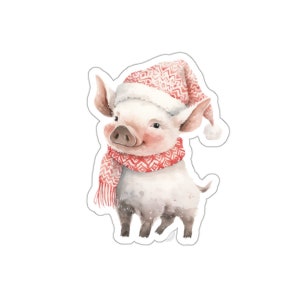 Süßes Schwein in Weihnachtsmütze Aufkleber, Aquarell Kunst Aufkleber, glänzendes Vinyl, wasserdicht, Geschenk für Freunde, Weihnachtsdekoration
