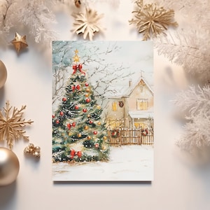 Pacote de 10 cartões de Natal em aquarela vintage, arte para árvore de Natal, cumprimentos de feriado, cartões postais do país das maravilhas do inverno, ecológico
