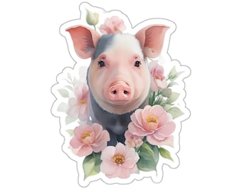 Floral Pig Sticker, Cute Farm Animal Vinyl Decal, Waterproof Sticker for Laptop Water Bottle Car Window Wall, Pink Piglet Illustration