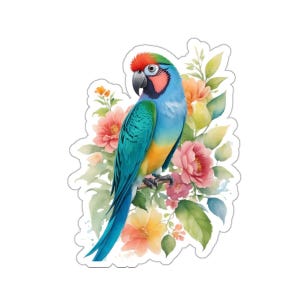 Parrot Stickers, Watercolor Art Decal, Floral Stickers, Bird Lover Gift, Cute Sticker, Laptop Decal, Water Bottle Sticker