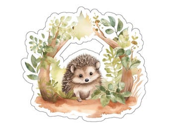 Pegatina de erizo en el bosque, regalo para amantes de los animales de acuarela, pegatina de vinilo resistente al agua para ordenador portátil, botella de agua, agenda, calcomanía artística única