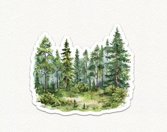 Waldlandschaft Aufkleber, Naturszene Aufkleber, grüner Wald Aufkleber für Laptop, Wasserflasche, Baumaufkleber, Malerischer Wald Vinyl Aufkleber