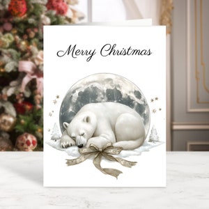 Confezione da 10 biglietti di auguri con simpatico orso polare, biglietto di auguri di Natale con luna, biglietti di auguri per le feste, set di biglietti di auguri per le feste con buste