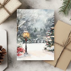 Set di 10 biglietti di auguri di Natale, biglietti di auguri del paese delle meraviglie invernali, cartoline delle feste, stampa artistica di alberi e lampioni festivi, biglietti del giardino invernale