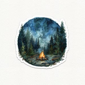 Campfire Night Forest Sticker, Camping Vinyl Decal, Nature Themed Watercolor Sticker, Outdoor Adventure Decor for Laptop, Planners